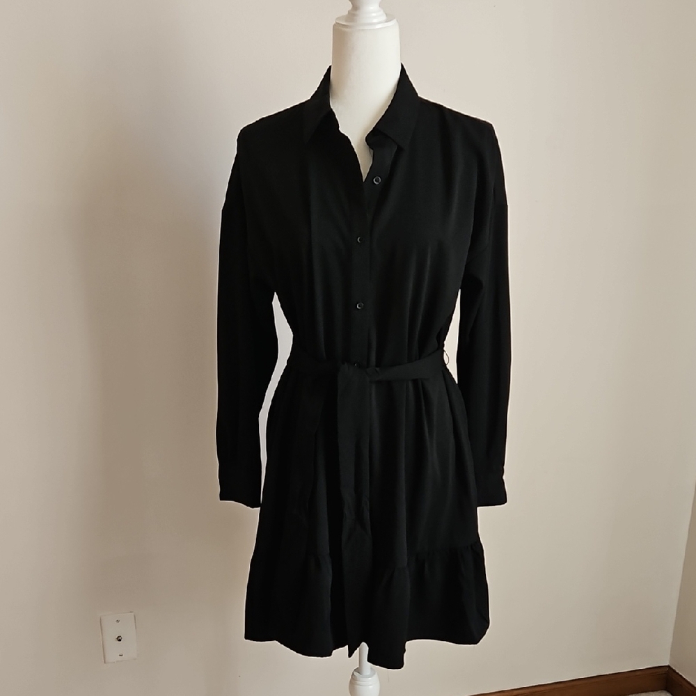 Nine West SZS Shirtdress Black Ruffle Tier Minimalist Office Preppy Academia